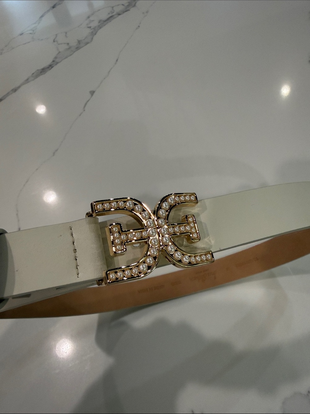 Sam Edelman Ivory Leather Belt with Gold Crystal Double-G Buckle